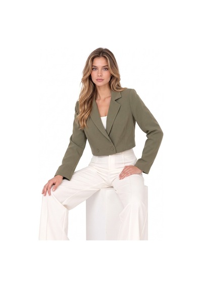 Saade Haki Kadın Regular Fit Kruvaze Kapama Dokuma Crop Blazer Ceket -şık & Spor