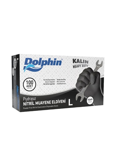 Dolphin Nitril Muayene Eldiveni Pudrasız Siyah L 100 Adet Extra Kalın Tarı