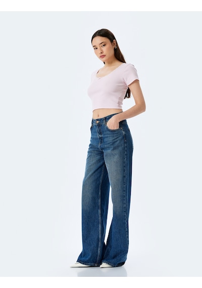 Koton Fiyonklu Crop U Yaka Slim Fit Kısa Kollu Tişört Pembe 5sal10194ık Gül