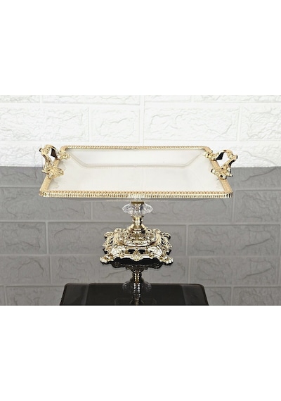 Porselen Küçük Sade Kare Servis Tabağı-sunumluk Döküm Gold Çerçeve Ve Ayaklı 22cm Beyaz