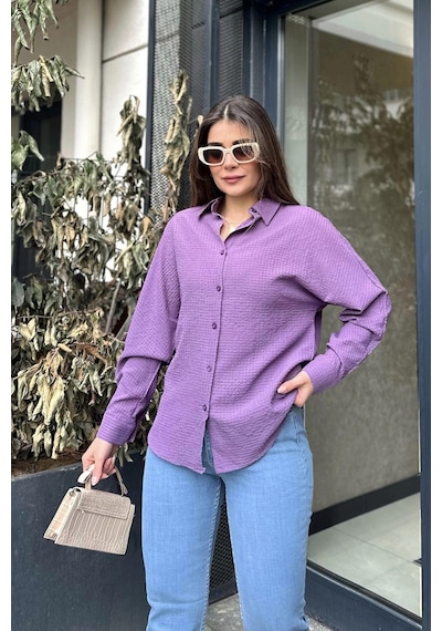 WeShaya Kadın Mor Basic Model, Gofre Kumaş, Salaş Gömlek Lila