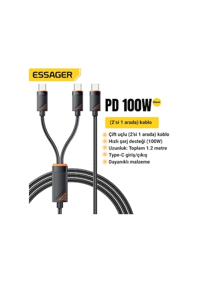 Essager 1.2 Metre 100w 2in1 Type C To 2x Type C Şarj Ve Data Kablosu, Çift Cihaz Desteği, Dayanıklı Örgülü Tasarım,