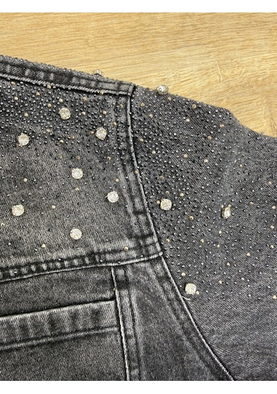 Büyük Beden Yakalı Taş Detaylı Cepli Kadın Denim Ceket Siyah