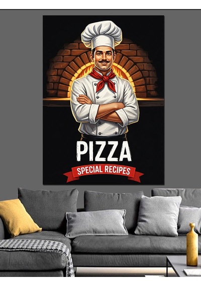 Ahşap Tablo Fırın Önünde Pizza Ustası Şef Aşçı " Özel Pizza Tarifleri" Sloganlı Afiş