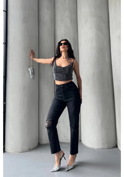 Kadın Antrasit Yırtık Detaylı Mom Jean Yüksek Bel Rahat Kalıp Denim Pantolon