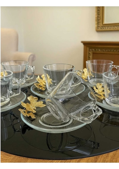 Çnr Home Collection Paşabahçe Vela Fincan Takimi 12 Parça 6 Kişilik Kelebekli Hediyelik Çeyizlik Gold
