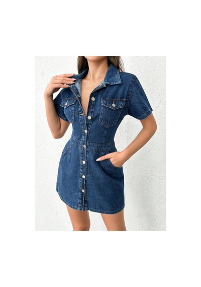 Kene Jeans Ön Arka Pensli Düğme Kapamalı Lacivert Elbise Lacivert