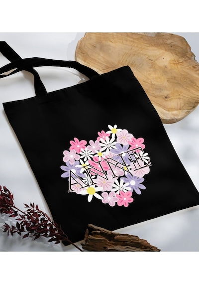 Bk Gift Anneler Günü Tasarımlı Siyah Kumaş Bez Çanta, Baskılı Omuz Çantası, Alışveriş Çantası, Anneler Günü Hediyesi, Anneye Hediye-3 Siyah