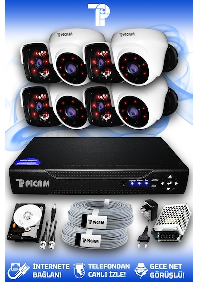Picam 8 Kameralı Panda 4 İç Kamera Set 250 GB HDD Full HD Gece Görüşlü Güvenlik Kamerası Sistemi