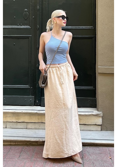 Madmext Bej Beli Lastikli Uzun Kadın Etek Mg1979 Bej