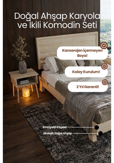 Hüma Yatay Başlıklı Masif Ahşap Karyola Ve 2 Natürel 100x200