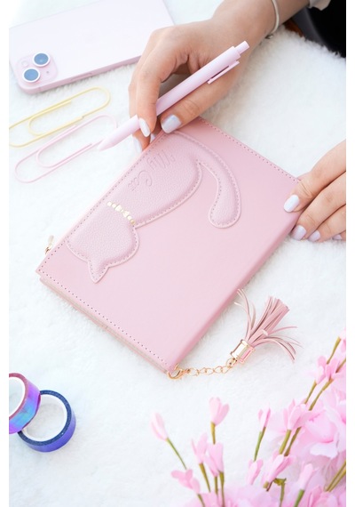 Vj Kedili Geçmeli Vegan Kapaklı Defter 13x18 Cm. 100 Gr. 160 Say. Cepli Fermuarlı Pembe Çok Renkli