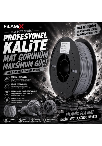 Filamix Pla Mat Gri Filament 1.75mm 1kg Mat Yüzey Kalitesi
