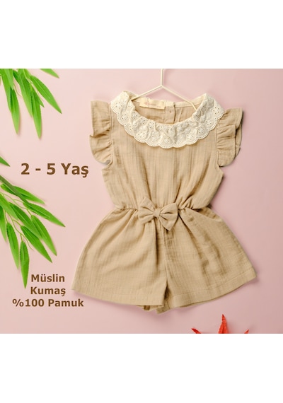 Novy Baby Müslin Kumaş Dantel Yaka Fiyonklu Kız Çocuk Tulum - 2-5 Yaş