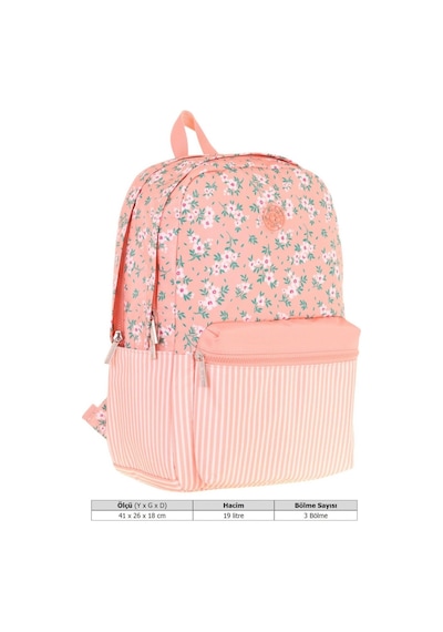 Kaukko Soft Floral Kız Çocuk Üç Bölmeli Somon Çiçek Ve Çizgi Desenli Okul Sırt Çantası - K1795 Somon