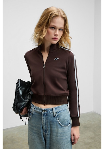 Grımelange Repeta Kadın Dik Yakalı Nakış Detaylı Fermuarlı Slim Fit Kahverengi Ceket Kahverengi