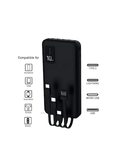 10.000 Mah Powerbank Dahili Çoklu Kablolu Taşınabilir Şarj Aleti Led Işıklı Güç Bankası Siyah