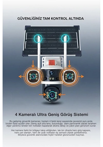 Güneş Enerjili Wifi Güvenlik Kamerası 2k 2560 1440p, 8000mah, Gece Görüş + Hareket Algılama