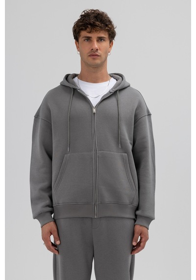 Vamos Basic Fermuarlı Oversize Kapüşonlu Sweatshirt Füme