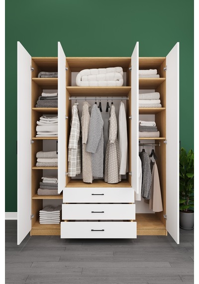 Asra Trend Lüks 4 Kapaklı 3 Çekmeceli Gardırop %100 Mdf Askılı Düzenleyici Elbise Dolabı G02 Karina - Beyaz Asra Trend Lüks 4 Kapaklı 3 Çekmeceli Gardırop %100 Mdf Askılı Düzenleyici Elbise Dolabı G02 Karina - Beyaz