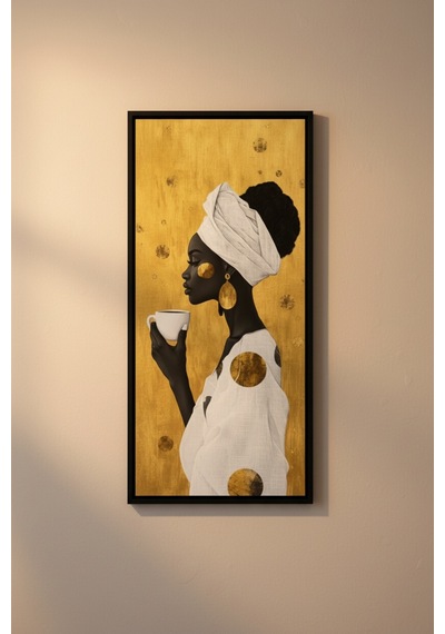 Afrikalı Kadın Kahve Temalı Dekoratif Duvar Tablosu 25x60 Cm Siyah Çerçeveli Modern Dikey Tablo