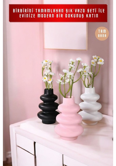 Siyah Dekoratif Vazo Seti Obje Ev Dekorasyon Masa Üstü Dekor Vazo Seti Model 5 Pembe Siyah Beyaz Pembe Siyah Beyaz