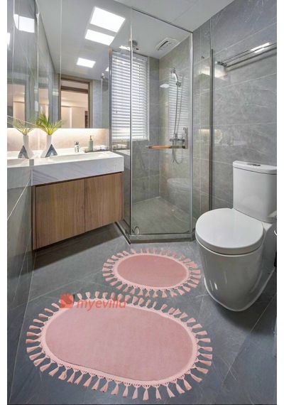 My Evilla Modern Simirna Dekoratif Peluş Oval 60x100-50x60 Ponpon Saçaklı Klozet Takımı