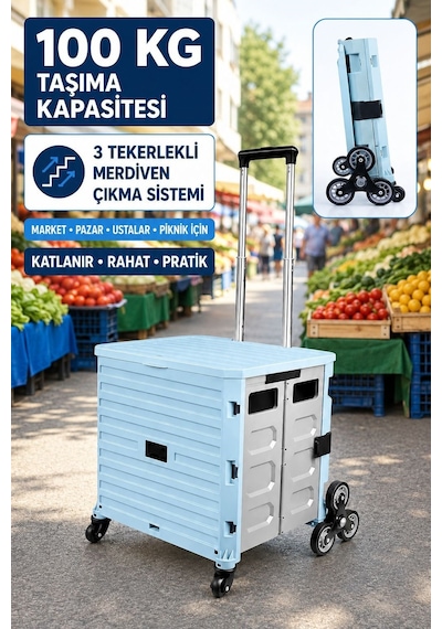 100 Kg Taşıma Kapasiteli Katlanır 3 Tekerlekli Merdiven Çıkan Market Pazar Ve Yük Taşıma Arabası Pz100