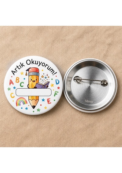 Fikart Artık Okuyorum - Turuncu Kalem - Okul Ve Öğrenci Temalı 58mm İğneli Metal Buton Rozet Çok Renkli