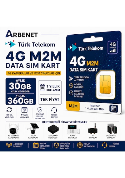 Türk Telekom 4g Data Sim Kart Aylık 30 Gb Yıllık 360gb Internet Tüm 4g Cihazlarla Uyumlu M2m