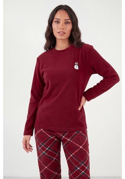 Lela Ekose Desenli Bisiklet Yaka Yumuşak Polar Pijama Takımı Kadın Pijama Takımı 6097059k Bordo
