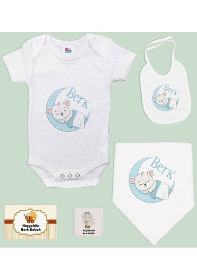 Bk Kids Kişiye Özel İsimli 5 Parça Beyaz Bebek Body Zıbın Ve Battaniye Hediye Seti, Yeni Doğan Bebek Giyim Hediyesi-6 Beyaz