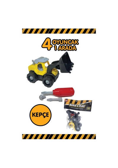 Build & Play 4 Ü 1 Arada Sök Tak İş Makinesi Oyuncak Seti Kepçe Mikser Vinç Buldozer Stem +3 Yaş