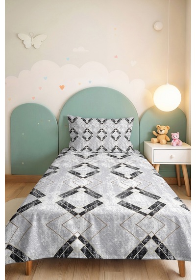 Gri Geometrik Bohem Tek Kişilik Pike Takımı - Antrasit Bej Çizgili 160x220 Cm Mevsimlik Yatak Örtüsü Masalsı Misk Havası