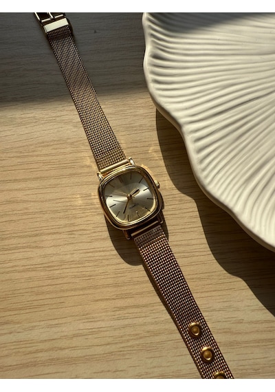 Retro Minimal Hasır Kordon Vintage Kadın Kol Saati Kasa Kare Altın 0021