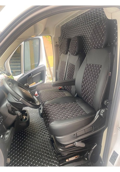 Peugeot Boxer Uyumlu 2+1 3 Kişilik Siyah Zemin Beyaz Nakışlı Taytüyü Siyah Deri Karışımı Beyaz Ip