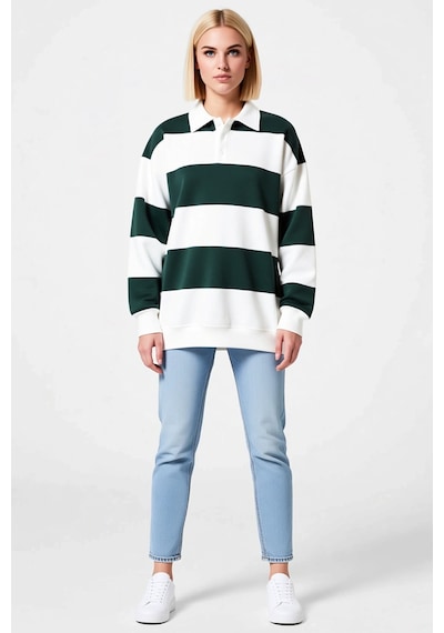 Ersefa Kadın Oversize Polo Yaka Geniş Çizgili Üç İplik Sweatshirt Düğmel Yeşil