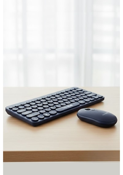 Kablosuz Lacivert Bluetooth Klavye Mouse Seti Yuvarlak Tuşlu Tasarım, Türkçe Q Dizilim, Taşınabilir, Ev Ve Ofis Kullanımına Uygun Lazer