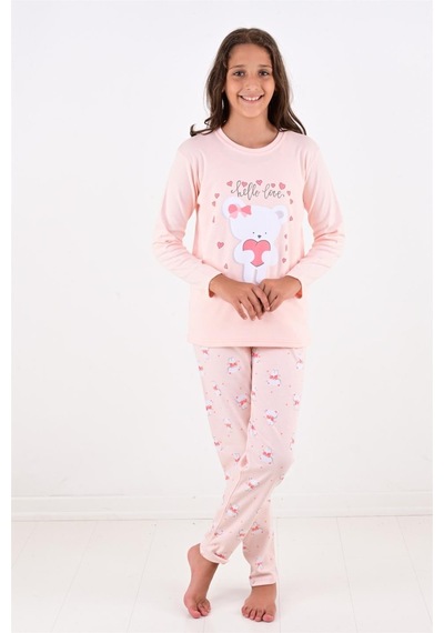 Kız Çocuk Uzun Kollu Fiyonklu Ayıcık Model Pijama Takımı-pembe Pembe