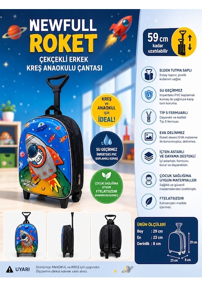 Çekçekli Roket Erkek Anaokul Kreş Sırt Çantası Lacivert-gri