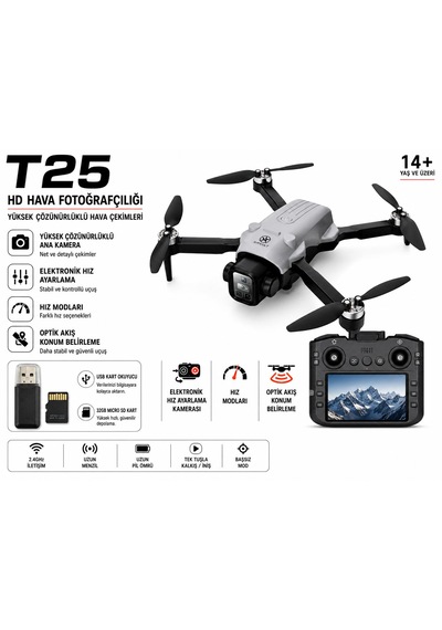 T25 Hd Hava Fotoğrafçılığı Dron Wi-fi Cam 2.4ghz Tek Tuş İniş Kalkış Ekranlı Kumanda Optik Akış Konum Belirleme Drone Usb+hafıza Kart Elektronik Hız Ayarlama Engel Algılama