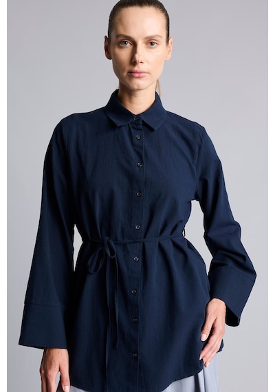 Defacto Regular Fit Gömlek Yaka Kuşaklı Flamlı Pamuk Uzun Kollu Tunik H1868ax26aunv253 Lacivert-nv253