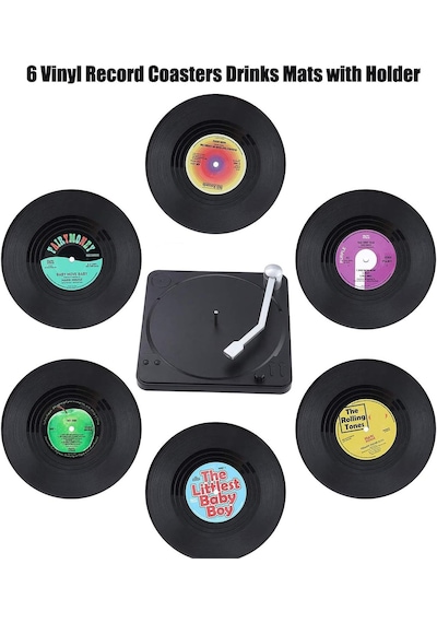 Eski Plak Çalar 7 Parça Dekorlu 6 Lı Bardak Altlığı Vintage Plak Retro Müzik Vinil Dekoru Çok Renkli - Siyah