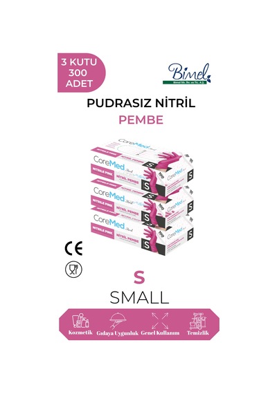 Nitril Pembe Pudrasız Muayene Eldiveni S - 3 Paket 100 Lü