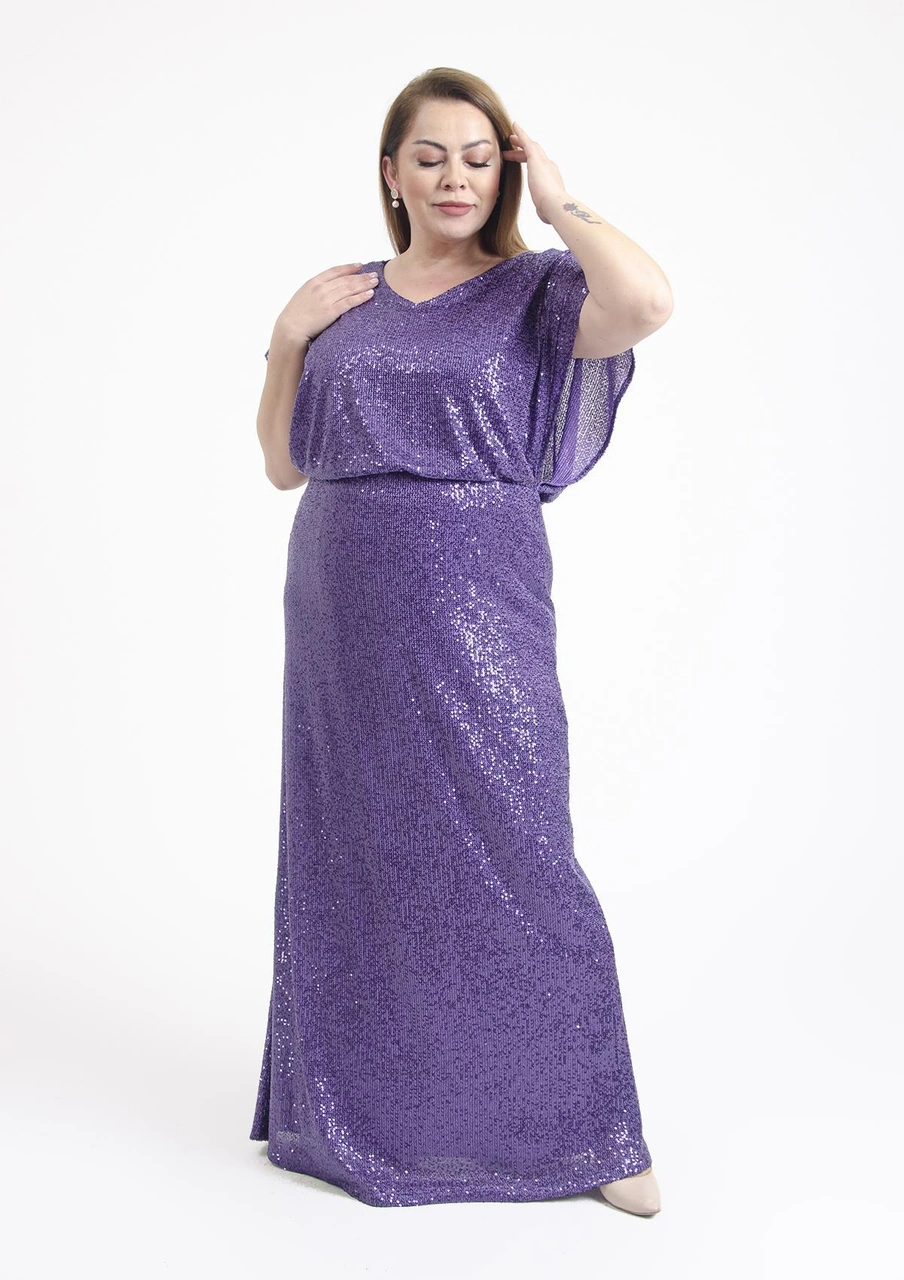 Lilas Xxl Büyük Beden Mor Renkli Pul Payetli Uzun Abiye Elbise Mor