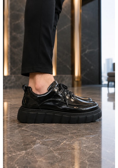 Mevese Duolc Bağcıklı Rugan Erkek Günlük Rahat Taban Sneaker Ayakkabı - Siyah