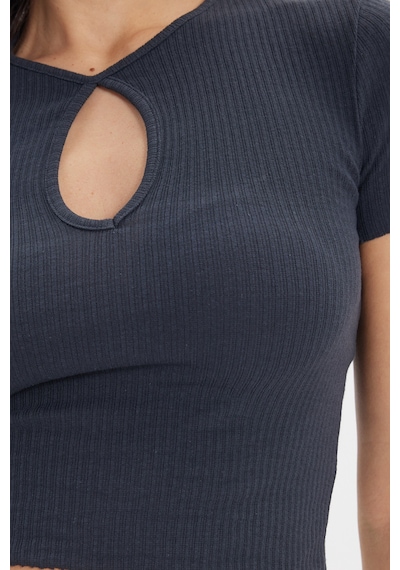 Tudors Kadın Slim Fit Dar Kesim %100 Pamuk Bisiklet Yaka Kısa Kol Antrasit Crop-50377