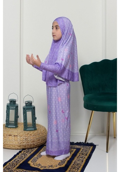 Çocuk Namaz Takımı Pratik İki Parça Desenli Kollu Tak Çıkar Başörtülü Likralı Tesettür Elbise 6-12 Yaş 901-0102 Çok Renkli