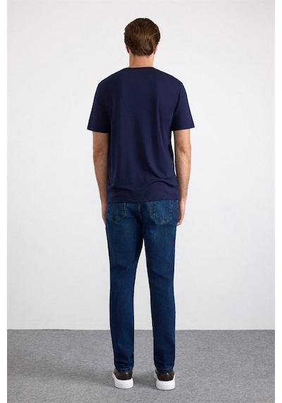 Süvari Lacivert Slim Düz Baskısız Süprem Bisiklet Yaka Tişört Ts1014000478-m09