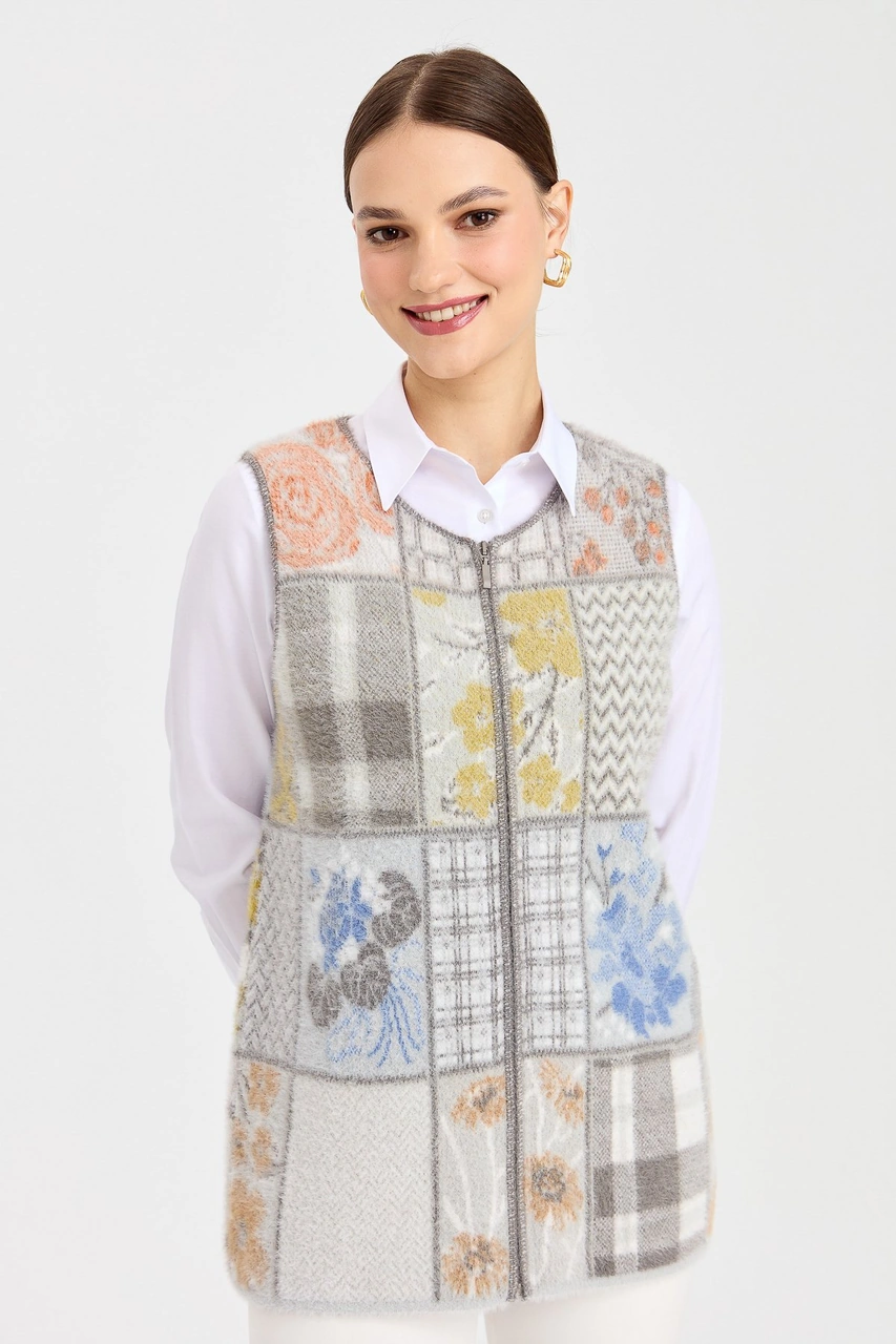 Desen Triko Kadın Sıfır Yaka Patchwork Yelek K.gri K.GRİ